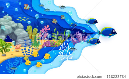Paper cut underwater landscape with tropical fish shoal. 3d vector cartoon wavy frame with bright seaweeds and corals on the bottom. Mesmerizing scene with colorful marine life beneath ocean surface Paper cut underwater landscape with tropical fish shoal. 3d vector cartoon wavy frame with bright seaweeds and corals on the bottom. Mesmerizing scene with colorful marine life beneath ocean surface 118222784