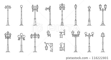 Streetlight, lamppost, pillar lanterns line icons vector set featuring traditional and modern public lighting fixtures. Outdoor lighting architectural elements, linear monochrome urban lampposts Streetlight, lamppost, pillar lanterns line icons vector set featuring traditional and modern public lighting fixtures. Outdoor lighting architectural elements, linear monochrome urban lampposts 118222801