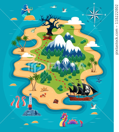 Pirate island with treasures map with red dotted line leads the way to hidden treasure chest and landmarks such as palm trees, lighthouse, mountains, spooky tree, mermaid, pirate ship and sea creature Pirate island with treasures map with red dotted line leads the way to hidden treasure chest and landmarks such as palm trees, lighthouse, mountains, spooky tree, mermaid, pirate ship and sea creature 118222802