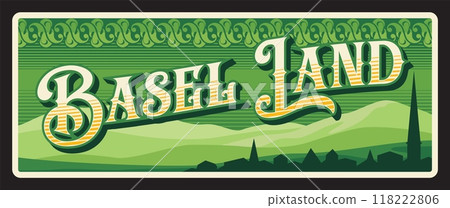 Basel Land Swiss canton metal travel plate. Vector vintage banner travel touristic landmark, architecture. Retro sign, board or postcard. Basle city in northwestern Switzerland on river Rhine Basel Land Swiss canton metal travel plate. Vector vintage banner travel touristic landmark, architecture. Retro sign, board or postcard. Basle city in northwestern Switzerland on river Rhine 118222806