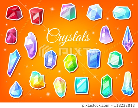 Jewelry gems and crystals stickers for jewel gemstones and rhinestones, vector icons. Cartoon jewelry gems stickers of diamond, ruby, emerald and sapphire with quartz precious stones for magic jewels Jewelry gems and crystals stickers for jewel gemstones and rhinestones, vector icons. Cartoon jewelry gems stickers of diamond, ruby, emerald and sapphire with quartz precious stones for magic jewels 118222818