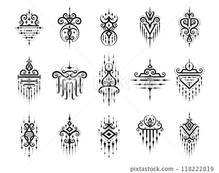 Sacred oriental Thai symbols for tattoo, Buddhism religious or Thailand ethnic ornaments, vector signs. Yantra or Sak Yant tattoo symbols of Thai culture and art, Buddha oriental sacred signs Sacred oriental Thai symbols for tattoo, Buddhism religious or Thailand ethnic ornaments, vector signs. Yantra or Sak Yant tattoo symbols of Thai culture and art, Buddha oriental sacred signs 118222819