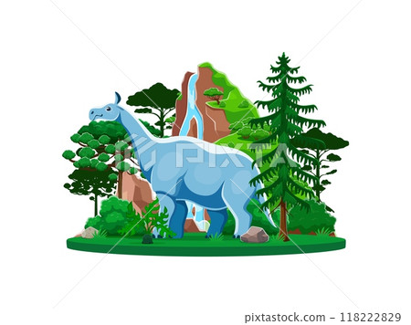 Indricotherium prehistoric dinosaur in jungle landscape with lush trees and cascading waterfalls. Cartoon vector dino character also knwon as Paraceratherium love in late Eocene to early Oligocene 118222829