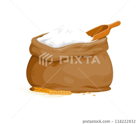 Wheat flour bag, cartoon vector brown burlap, filled with flour and is accompanied by a wooden scoop and some wheat stalks lying beside it, representing raw baking, agriculture and cooking ingredients 118222832