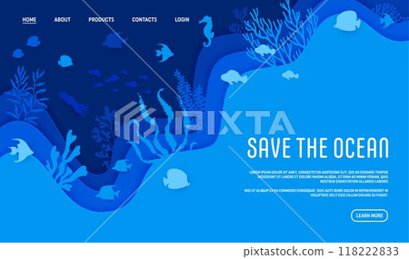 Landing page with paper cut underwater landscape and sea animals silhouettes. Vector Save the ocean awareness web banner template with tropical ocean biodiversity, corals and precious marine life 118222833