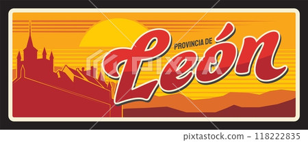 Leon Spanish province retro travel plate. Span region tin sign with medieval architecture landmark. Leonese city and municipality, community of Castile and Leon, in northwest of Iberian Peninsula Leon Spanish province retro travel plate. Span region tin sign with medieval architecture landmark. Leonese city and municipality, community of Castile and Leon, in northwest of Iberian Peninsula 118222835