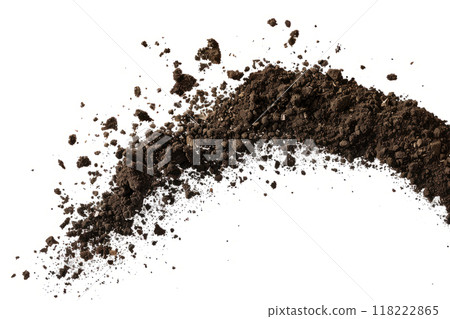flying and scattered soil dirt in the air, isolated on a clean white background, 118222865
