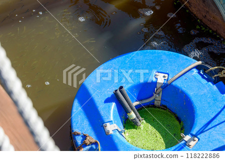A feeding trough for fry at a small fish farm in a public park. A feeding trough for fry at a small fish farm in a public park. 118222886