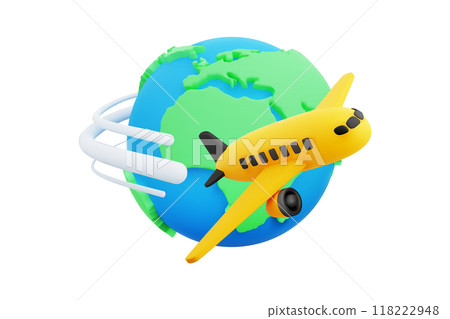 3d cute cartoon bright yellow airplane flying around globe leaving smooth, circular trail around the Earth. Design element for travel, aviation, tourism or logistics concept. 3d vector illustration. 118222948