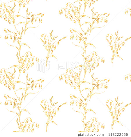 Oats stalks seamless pattern. Golden oat and herbs bouquets. Avena sativa watercolor clipart. Illustration Perfect for textile design, rustic-themed packaging, eco-friendly branding, scrapbooking Oats stalks seamless pattern. Golden oat and herbs bouquets. Avena sativa watercolor clipart. Illustration Perfect for textile design, rustic-themed packaging, eco-friendly branding, scrapbooking 118222966