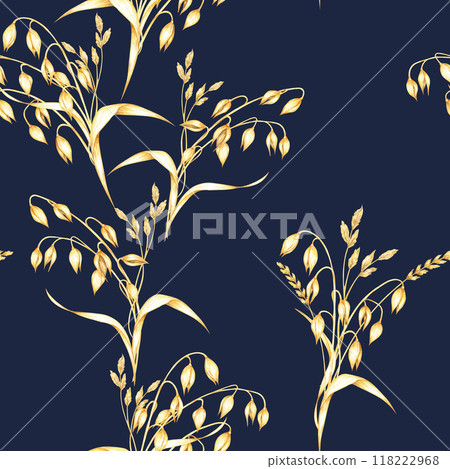Oats stalks seamless pattern on dark blue background. Golden oats bouquets. Avena sativa watercolor clipart. Perfect for textile design, rustic-themed packaging, eco-friendly branding Oats stalks seamless pattern on dark blue background. Golden oats bouquets. Avena sativa watercolor clipart. Perfect for textile design, rustic-themed packaging, eco-friendly branding 118222968