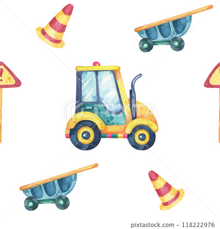 Yellow green vehicle, blue wheelbarrows, striped road cones, and traffic signs. Seamless pattern, watercolor clipart, cartoon style. Ideal for custom gift wraps, childrens decor, and textile prints Yellow green vehicle, blue wheelbarrows, striped road cones, and traffic signs. Seamless pattern, watercolor clipart, cartoon style. Ideal for custom gift wraps, childrens decor, and textile prints 118222976
