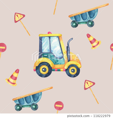 Yellow green car, blue wheelbarrows, road cones, and red traffic signs on beige. Seamless pattern, watercolor clipart, cartoon style. Great for textile designs, kids stationery, and party supplies 118222979