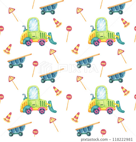 Green car, blue wheelbarrows, striped road cones, and red traffic signs. Seamless pattern, watercolor clipart, cartoon style. Perfect for fabric designs, wrapping paper, and childrens decor 118222981