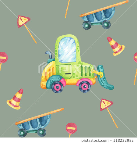 Green excavator, blue wheelbarrows, striped road cones, and red traffic signs on beige. Seamless pattern, watercolor clipart, cartoon style. Suitable for kids stationery, textiles, and gift packaging Green excavator, blue wheelbarrows, striped road cones, and red traffic signs on beige. Seamless pattern, watercolor clipart, cartoon style. Suitable for kids stationery, textiles, and gift packaging 118222982