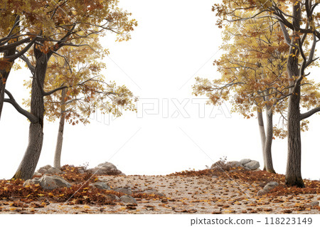 visualization of an oak forest floor in autumn, rich textures of fallen leaves and tree trunks. 118223149