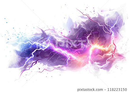 dynamic  of a lightning strike with vivid electric arcs and a stark white background. 118223150