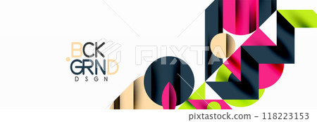 Trendy colorful circles, lines, arrows, triangles and other geometric shapes. Vector Illustration For Wallpaper, Banner, Background, Card, Book Illustration, landing page 118223153