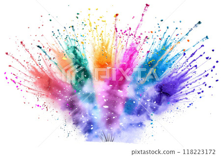 A burst of colorful powder exploding outward in a grand celebration, against a white background. 118223172