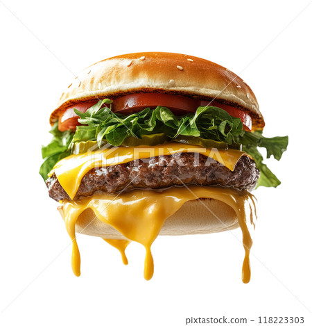 A vibrant cheeseburger with melted cheese and fresh lettuce, floating in the air on white background A vibrant cheeseburger with melted cheese and fresh lettuce, floating in the air on white background 118223303