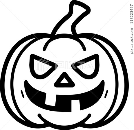 Creepy Halloween Jack O Lantern Icon with Scary Smiling Pumpkin Black Outline Vector for Spooky Themes 118223437