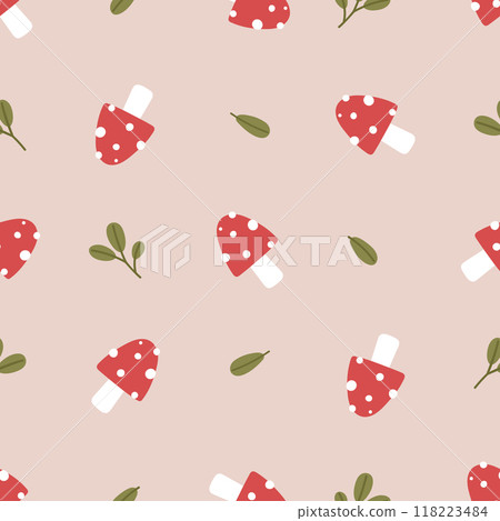 Cute autumn pattern with fly agarics and leaves on beige background. 118223484