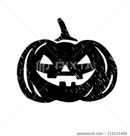 Hand drawn black textured pumpkin illustration. Spooky smiling jack o lantern. Halloween symbol, decorative gourd. Autumn holiday icon, single vector object. Isolated hand drawn clipart. Hand drawn black textured pumpkin illustration. Spooky smiling jack o lantern. Halloween symbol, decorative gourd. Autumn holiday icon, single vector object. Isolated hand drawn clipart. 118223489