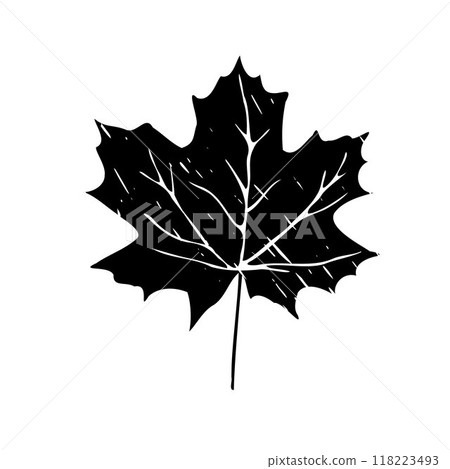 Black textured maple leaf illustration. Autumn natural decor. Isolated fall botany object. Hand drawn clipart. Black textured maple leaf illustration. Autumn natural decor. Isolated fall botany object. Hand drawn clipart. 118223493
