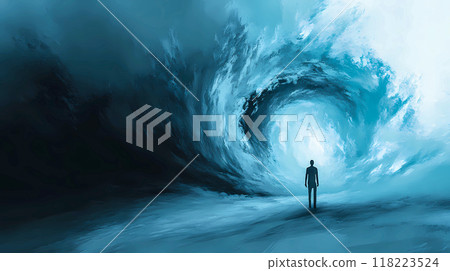 A man standing near a water tunnel. Human looking into a abyss. Concept of loneliness, death, depression, mental problems. Huge blue stormy wave power. AI-Generated content A man standing near a water tunnel. Human looking into a abyss. Concept of loneliness, death, depression, mental problems. Huge blue stormy wave power. AI-Generated content 118223524