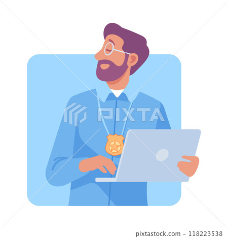 Inspecting Detective Man Character with Laptop Investigating Case Vector Illustration 118223538