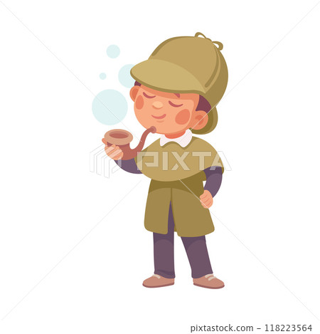 Inspecting Detective Boy Character Smoking Pipe Investigating Case Vector Illustration Inspecting Detective Boy Character Smoking Pipe Investigating Case Vector Illustration 118223564