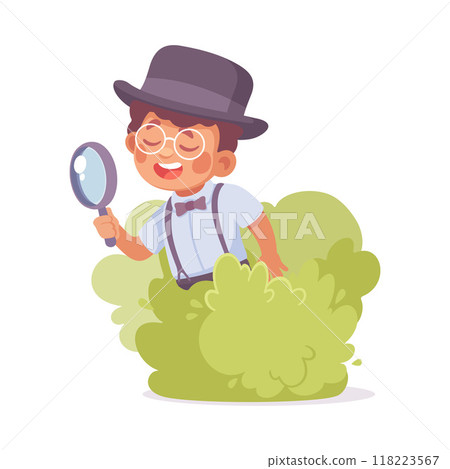 Inspecting Detective Boy Character Sit in Bush with Magnifier Investigating Case Vector Illustration Inspecting Detective Boy Character Sit in Bush with Magnifier Investigating Case Vector Illustration 118223567