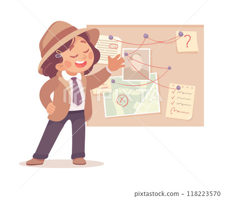 Inspecting Detective Girl Character at Suspect Board Investigating Case Vector Illustration Inspecting Detective Girl Character at Suspect Board Investigating Case Vector Illustration 118223570