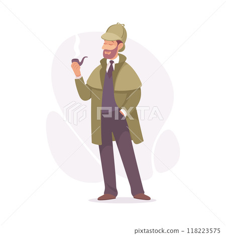 Inspecting Detective Man Character Smoking Pipe Investigating Case Vector Illustration 118223575