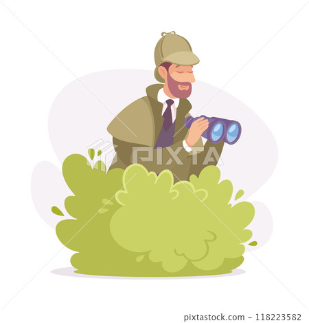 Inspecting Detective Man Character Sit in Bush with Binocular Investigating Case Vector Illustration 118223582