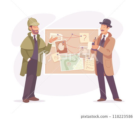 Inspecting Detective Man Character at Suspect Board Investigating Case Vector Illustration Inspecting Detective Man Character at Suspect Board Investigating Case Vector Illustration 118223586
