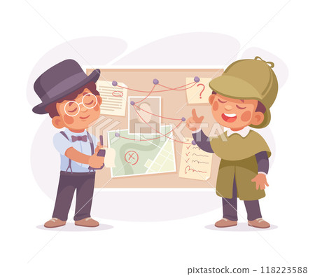 Inspecting Detective Boy Character at Board Investigating Case Vector Illustration 118223588