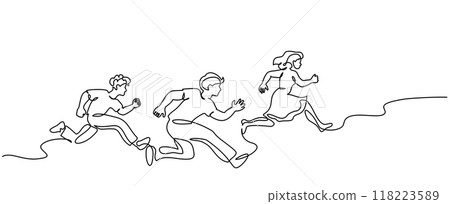 Group of people running fast to success in competition. Continuous one line drawing. Group of people running fast to success in competition. Continuous one line drawing. 118223589