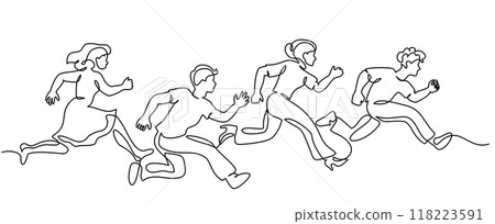 Group of people running fast to success in competition. Continuous one line drawing. Group of people running fast to success in competition. Continuous one line drawing. 118223591