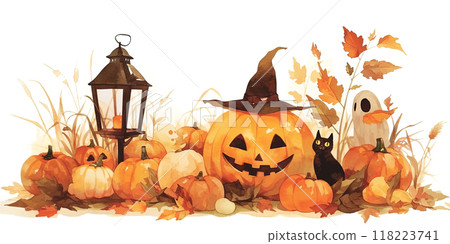 Celebrate the spirit of Halloween with this charming autumn scene featuring pumpkins 118223741