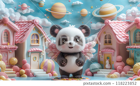 A cute panda with angel wings stands in front of candy houses and planets 118223852