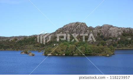 Anorthosite mountain and Lake Fossvatnet, Egersund, Norway. 118223957
