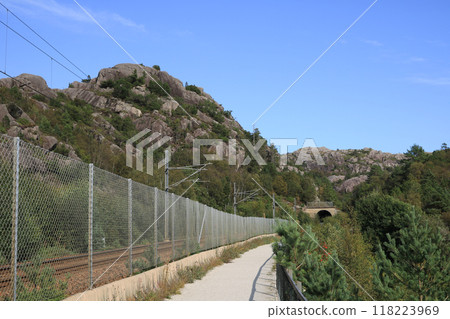 Foot path along the old Jaerbanen trasse, Egersund, Norway. 118223969