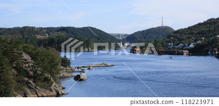 View from the Gamle Jaerbanen cycling route towards Egersund, Norway. View from the Gamle Jaerbanen cycling route towards Egersund, Norway. 118223971
