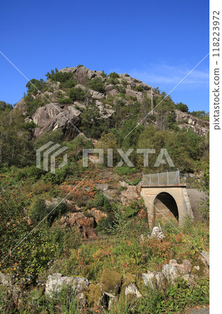 Railway tunnel entrance and fun park like anorthosite rock formation, Egersund, Norway. Railway tunnel entrance and fun park like anorthosite rock formation, Egersund, Norway. 118223972