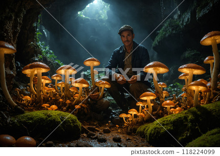 Mycologist poses with newly discovered luminescent mushrooms inside a cave 118224099