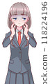 A pale high school girl in uniform holding her hand on her cheek 118224196