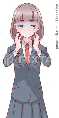 A pale high school girl in uniform holding her hand on her cheek 118224196