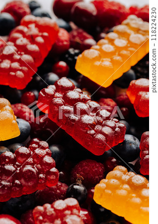Colorful natural berry marmalade on fresh mixed fruits and berries, healthy sweet indulgence Colorful natural berry marmalade on fresh mixed fruits and berries, healthy sweet indulgence 118224230