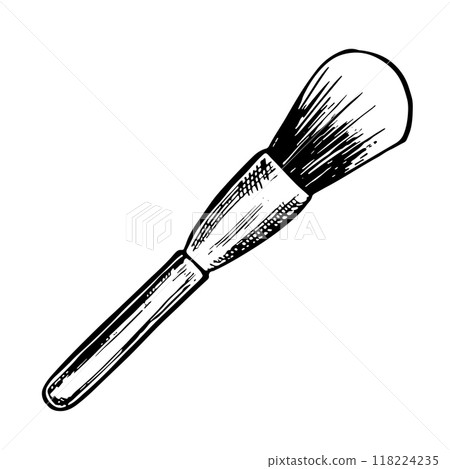 A makeup brush. A cosmetic tool. A black and white vector graphic illustration made by hand. A design element for beauty and fashion, cosmetics, makeup. Highlighted on a white background. 118224235